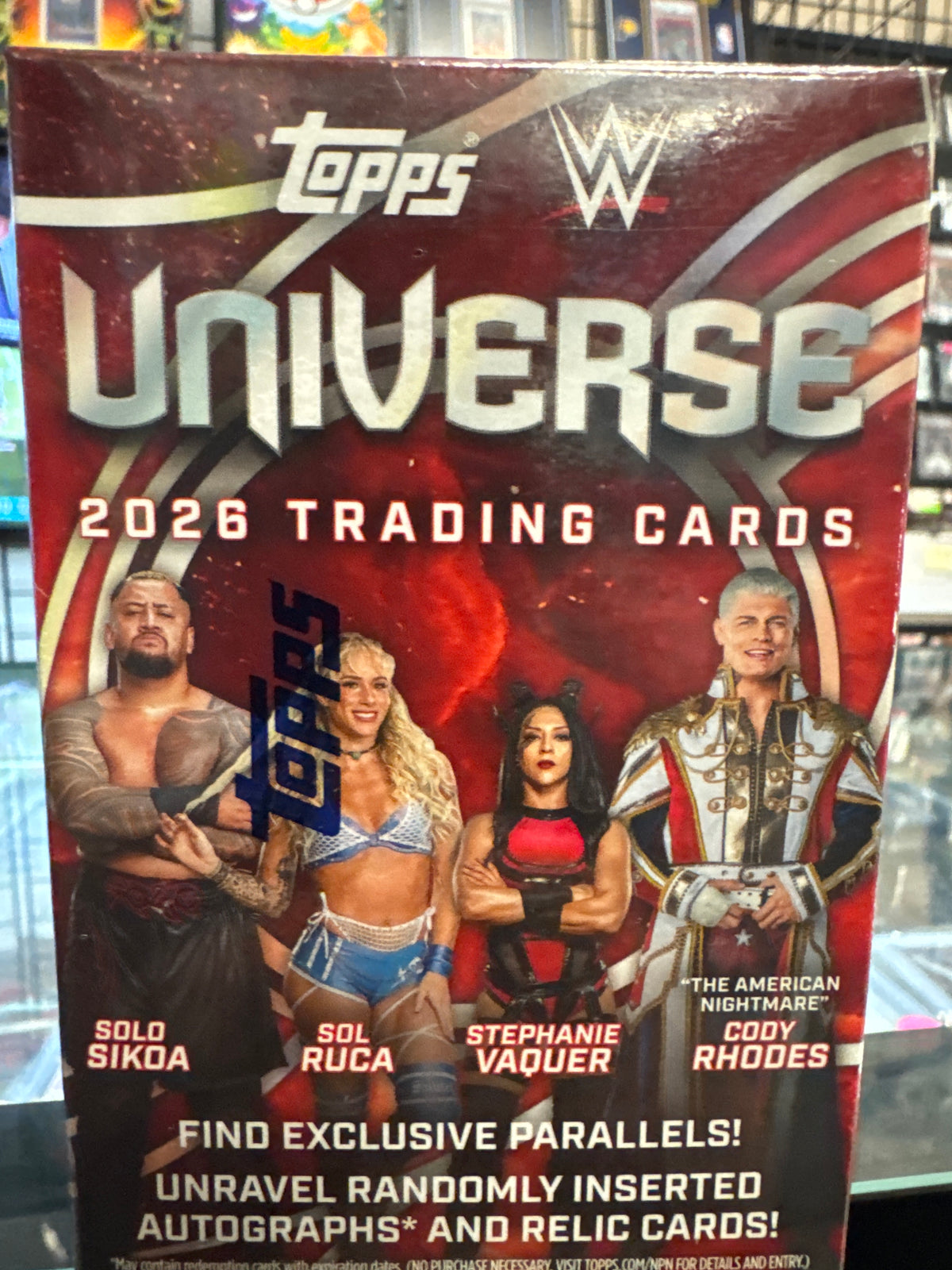 Topps WWE Universe 2026 Trading Cards box front, featuring WWE branding, the title 'Universe 2026 Trading Cards,' and wrestler portraits including Solo Sikoa, Sol Ruca, Stephanie Vaquer, and Cody Rhodes.