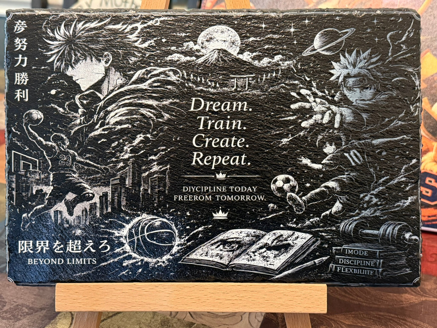 Black Slate Anime Motivation Serving Board – 11.8x7.9 Manga-Inspired Sports Art, Dream Train Create Repeat