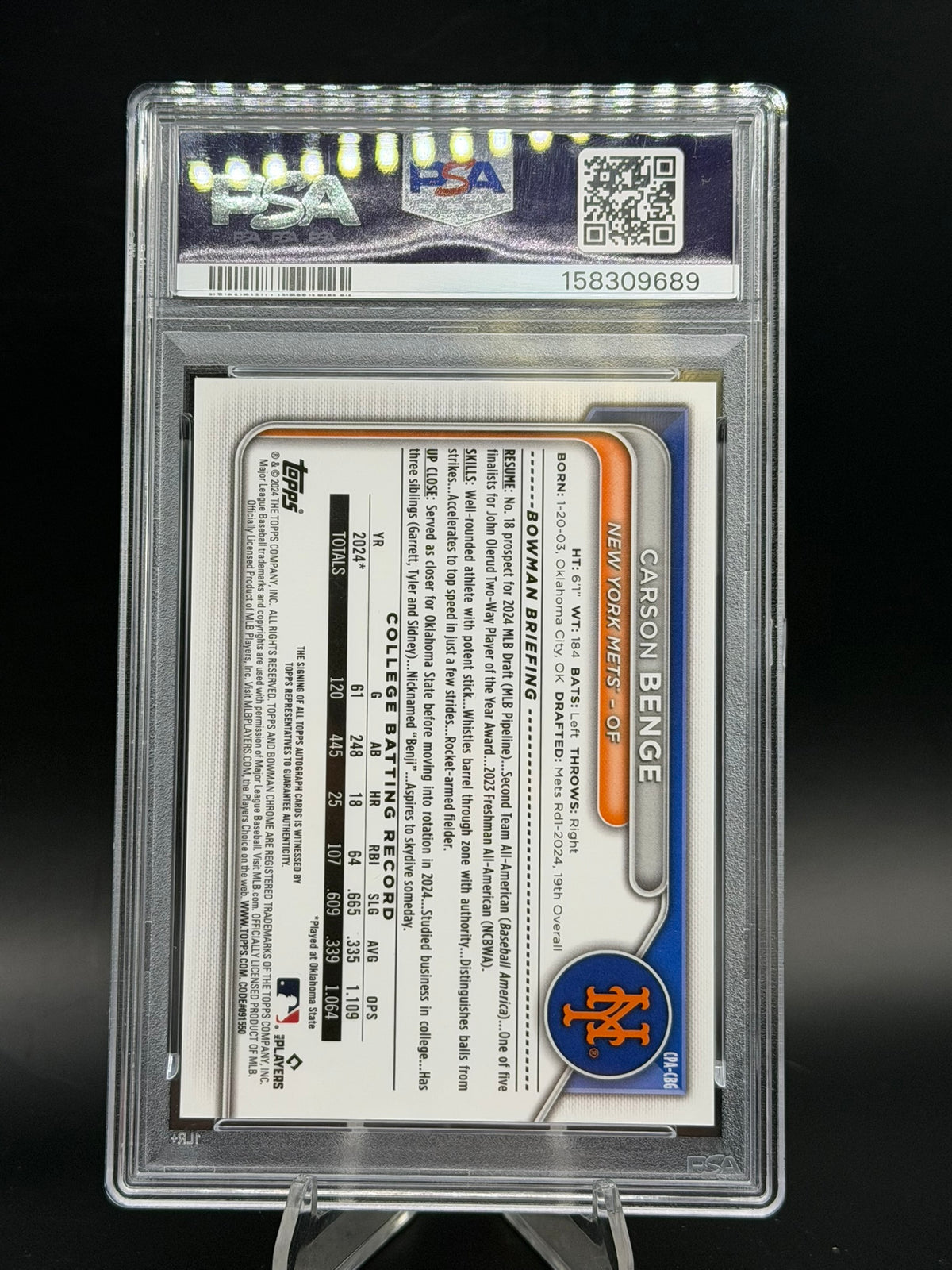 2024 Bowman Draft Carson Benge 1st Bowman Chrome Prospect Auto #CPA-CBG PSA 9 Mets