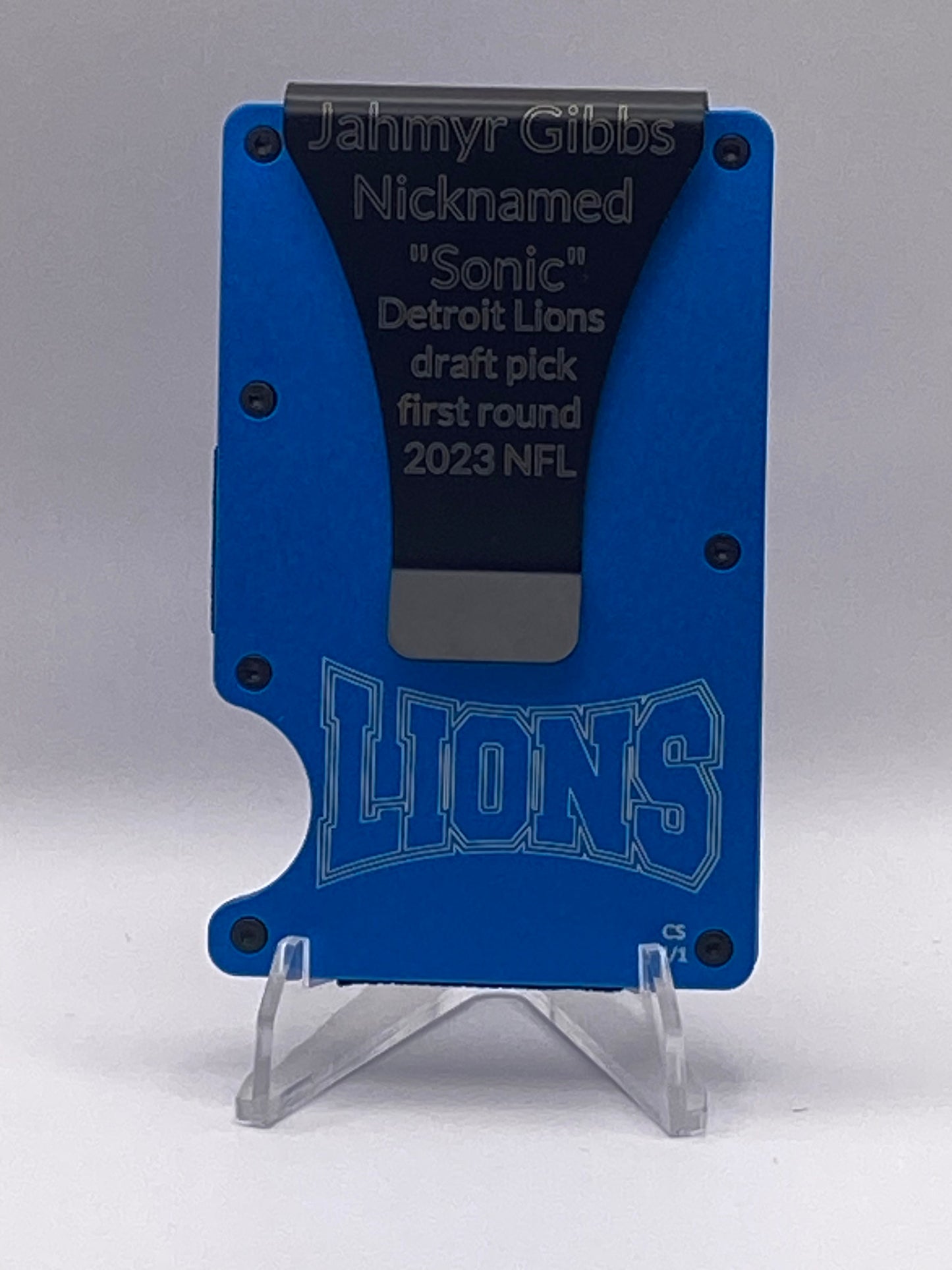 Detroit Lions Jahmyr Gibbs “Sonic” RFID Wallet – 1/1 Custom Engraved Aluminum Money Clip