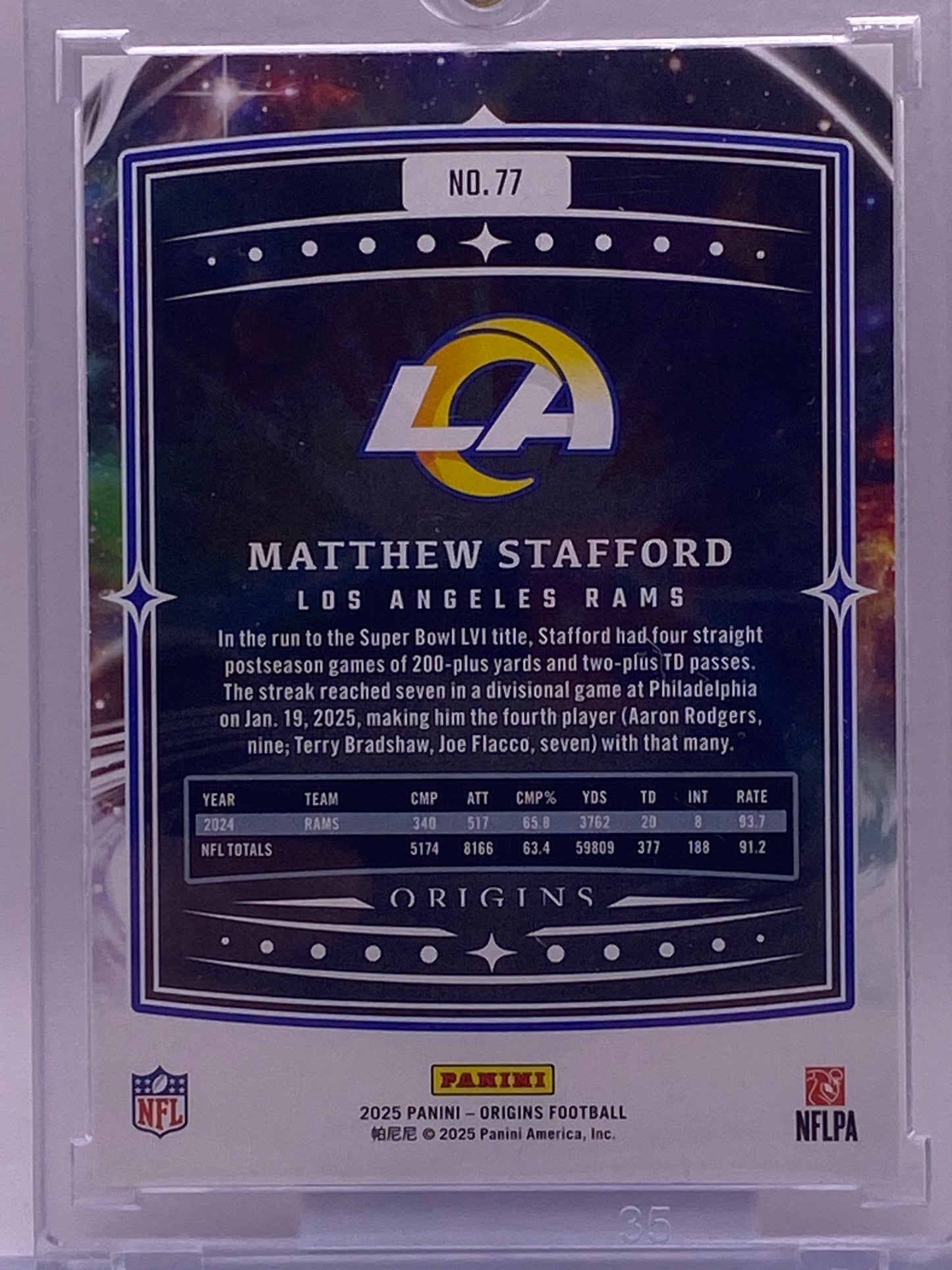 2025 Panini Origins Matthew Stafford Red /225 #77 – Los Angeles Rams – Serial #142/225