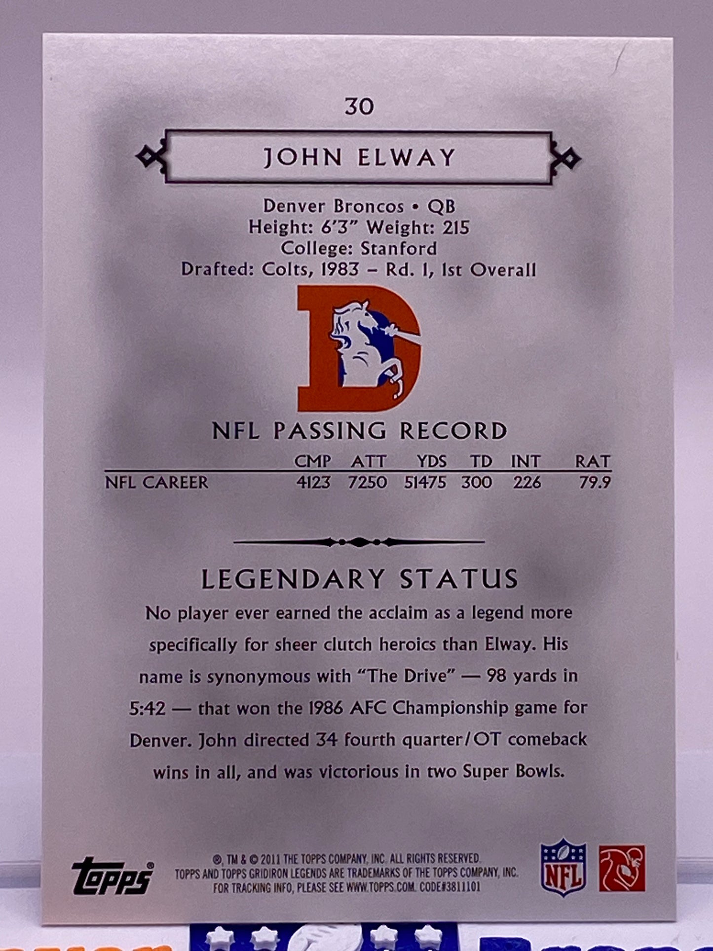 2011 Topps Gridiron Legends John Elway #30 Denver Broncos 69/75 Serial Numbered /75