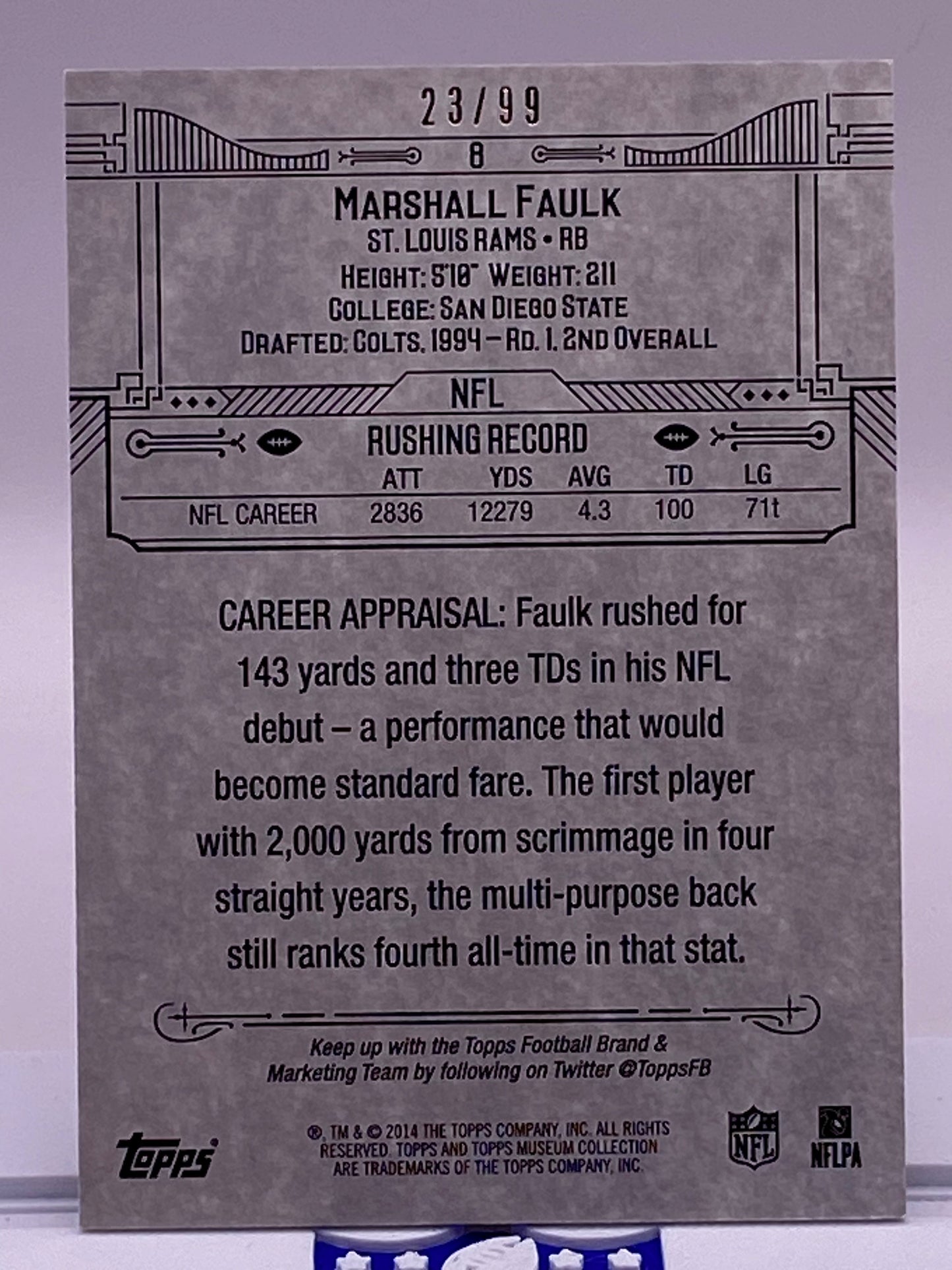 2014 Topps Museum Collection Marshall Faulk #8 Blue Parallel 23/99 St. Louis Rams HOF