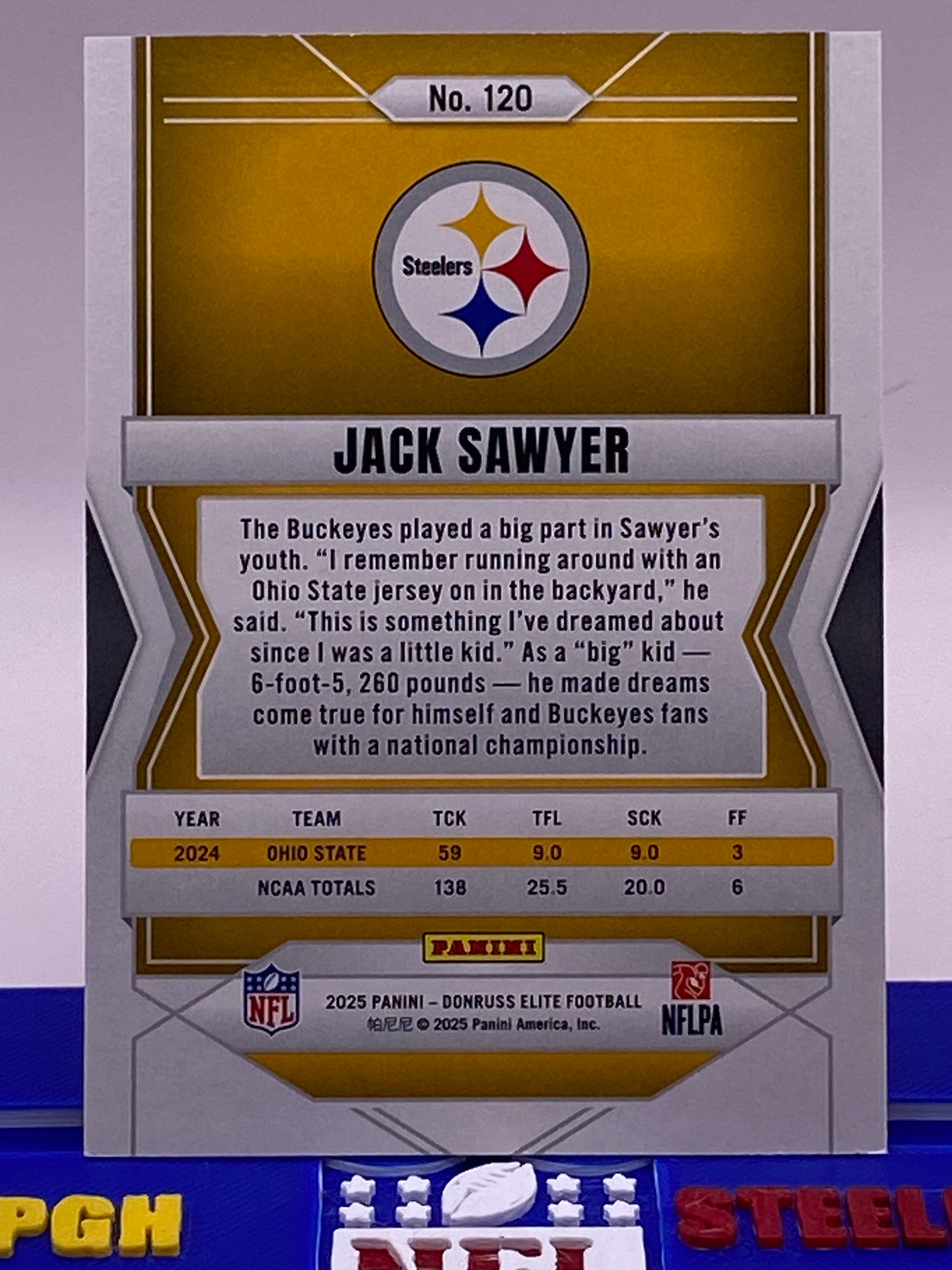 2025 Panini Donruss Elite Rookies Jack Sawyer Orange /199 RC #120 – Steelers (Serial #156/199)