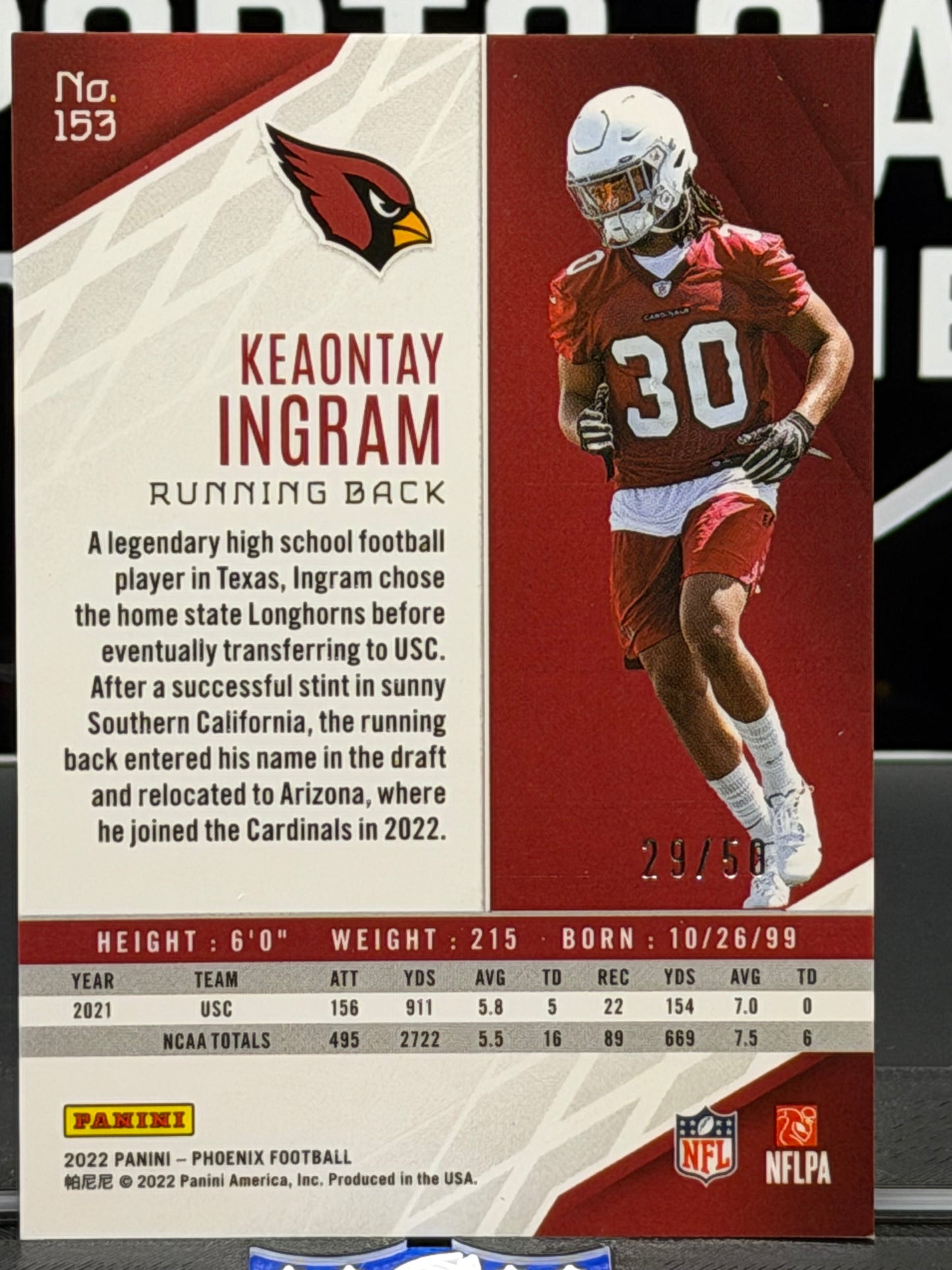 2022 Panini Phoenix Keaontay Ingram RC Red /50 #153 Cardinals Rookie 29/50