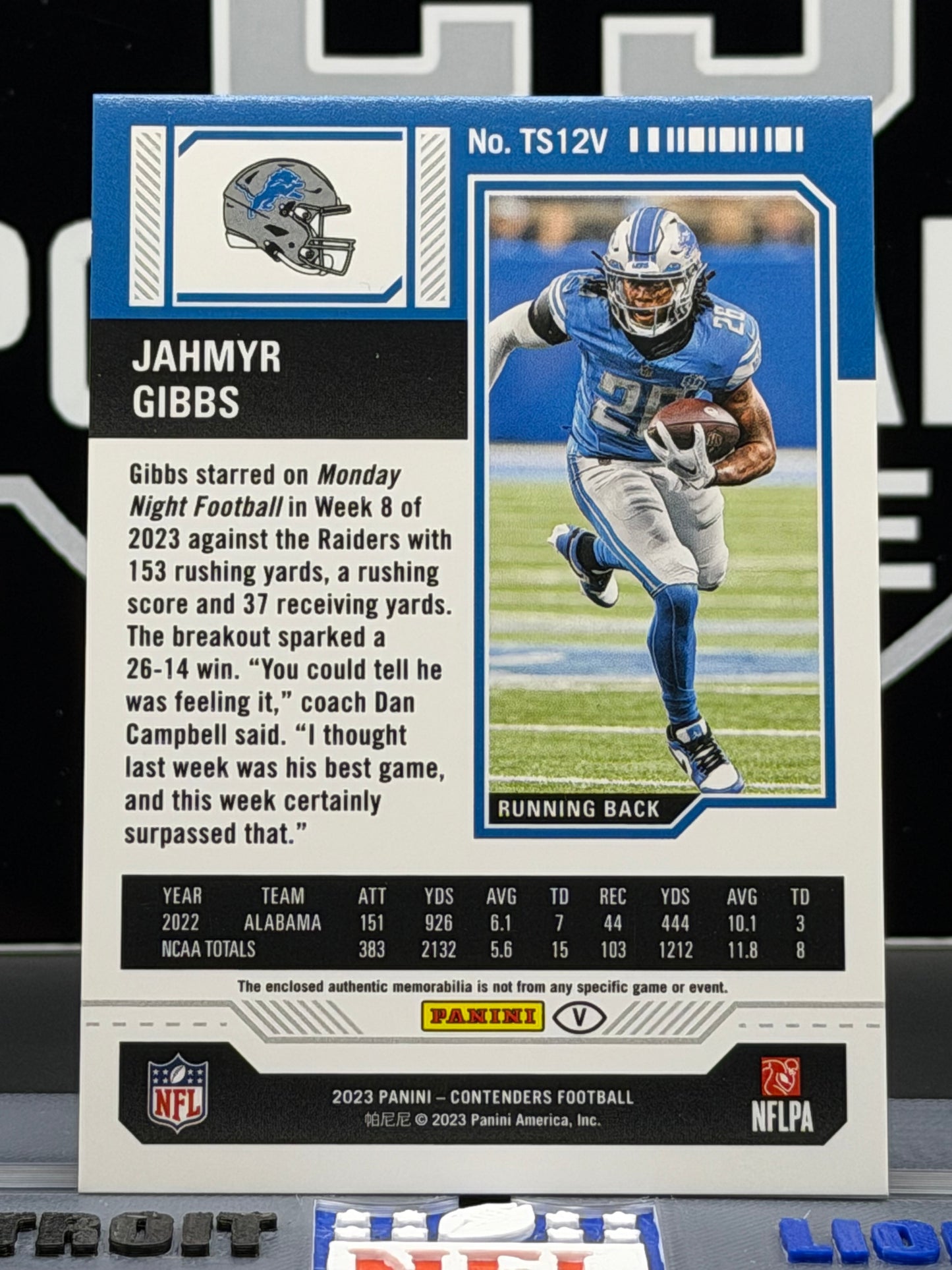 2023 Panini Contenders Jahmyr Gibbs RC Rookie Ticket Var Patch TS12V Lions