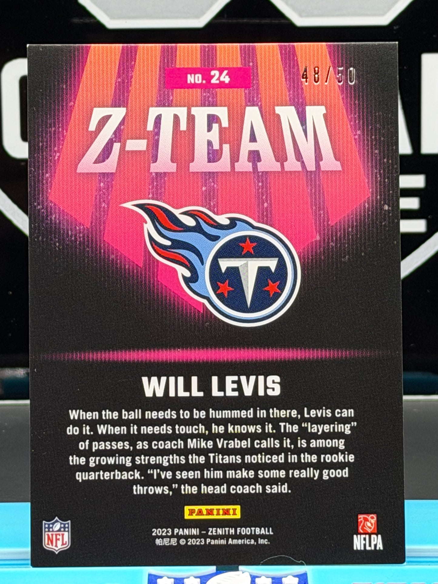 2023 Panini Zenith Will Levis Z-Team Pink 48/50 Rookie RC Titans SSP #24