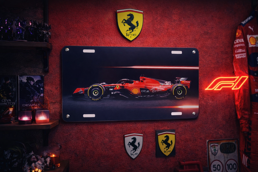Ferrari F1 Metal License Plate Sign – Red Formula 1 Car Wall Decor – Garage / Man Cave / Game Room