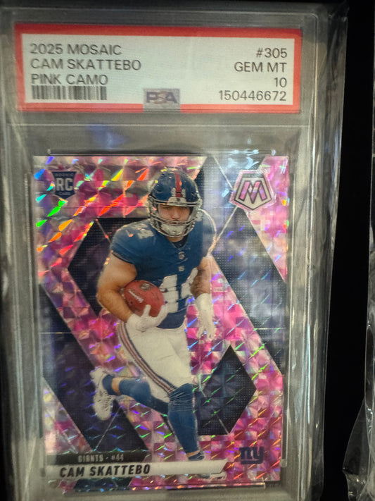 2025 Panini Mosaic Cam Skattebo Pink Camo Rookie #305 PSA 10 – New York Giants