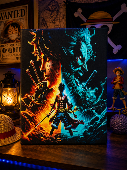 One Piece Inspired 16x12 Anime Canvas Wall Art | Pirate Manga Fan Art Print | Dark Fire & Blue Battle Style Game Room Decor