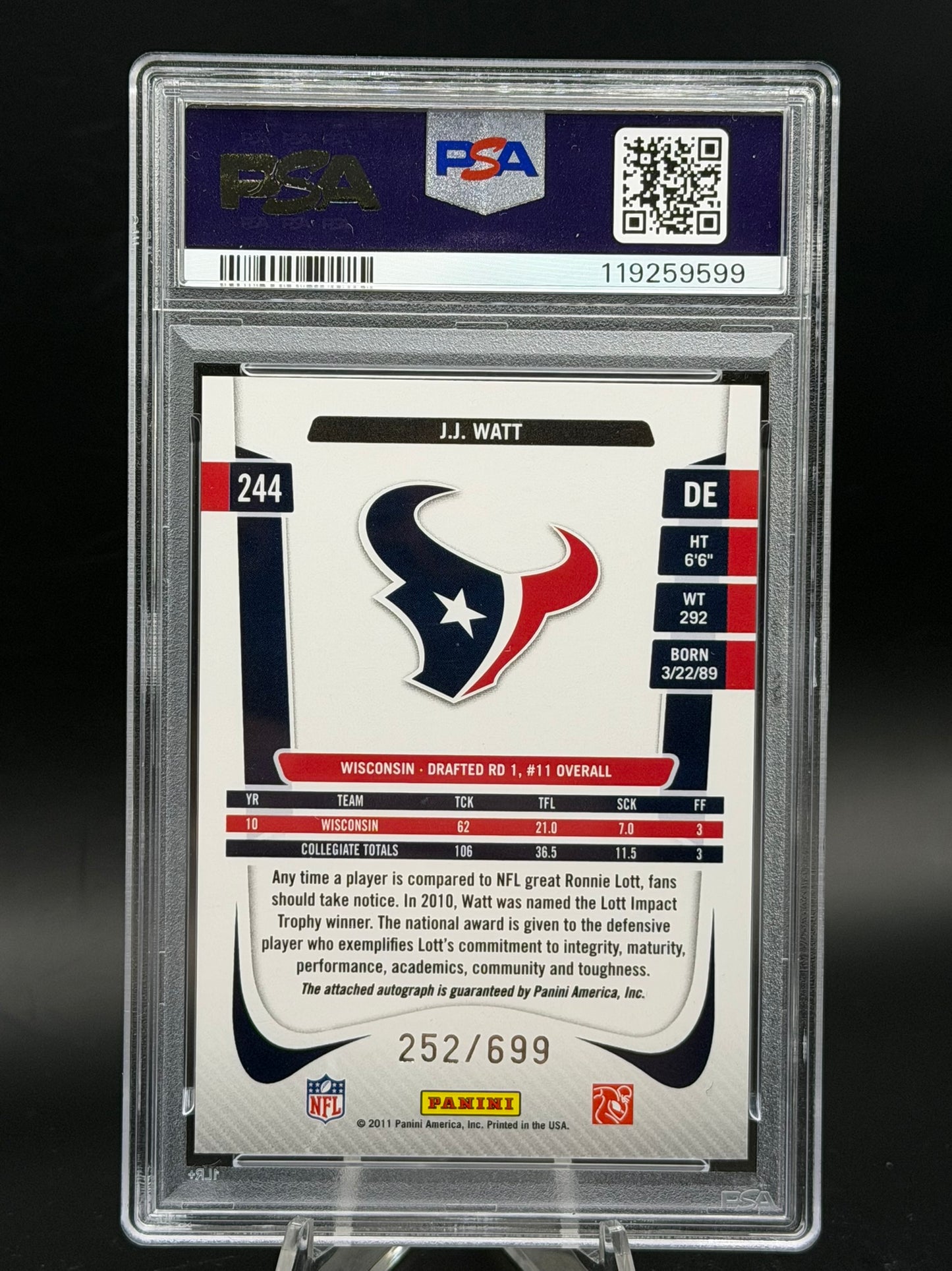 2011 Panini Prestige J.J. Watt Rookie Auto /699 Draft Picks Rights PSA 9 RC