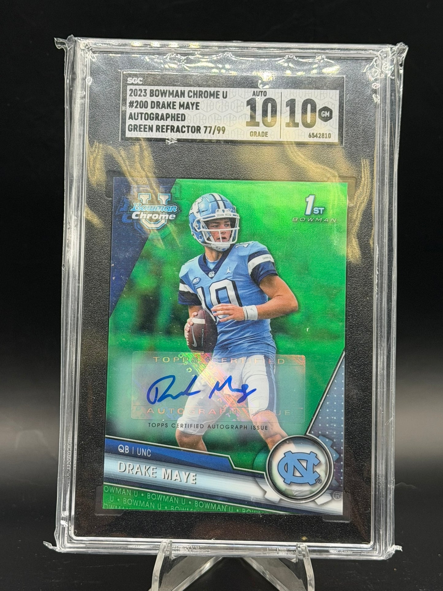 2023 Topps Bowman Chrome U Drake Maye 1st Bowman Auto Green Refractor /99 SGC 10