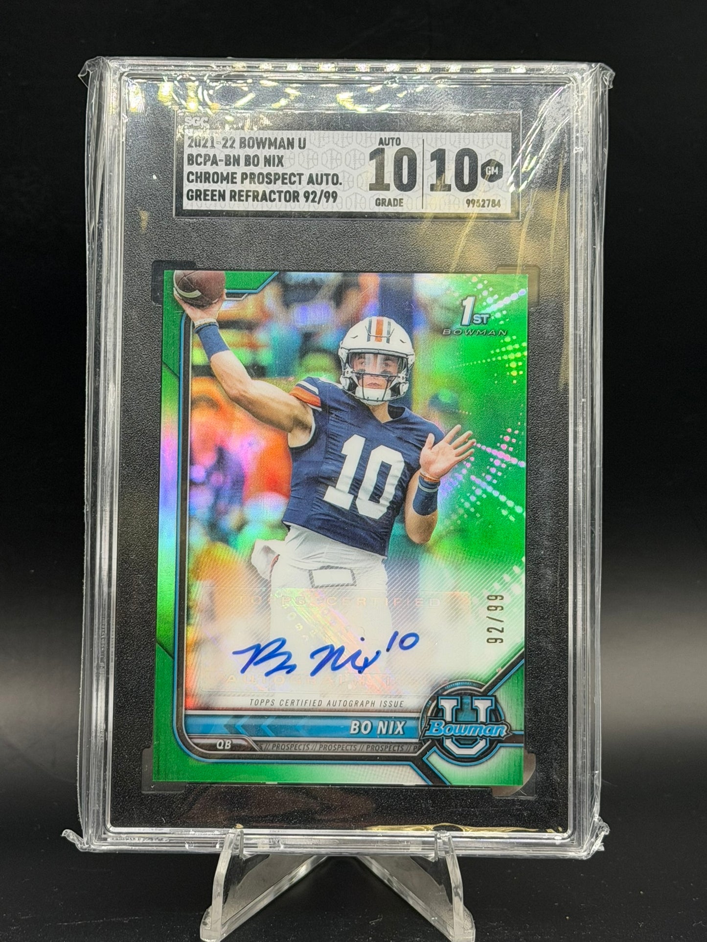 2021-22 Topps Bowman U Bo Nix 1st Chrome Prospect Auto Green Refractor /99 SGC 10