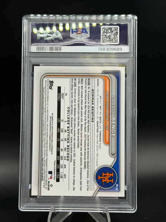 2024 Bowman Draft Carson Benge 1st Bowman Chrome Prospect Auto #CPA-CBG PSA 9 Mets