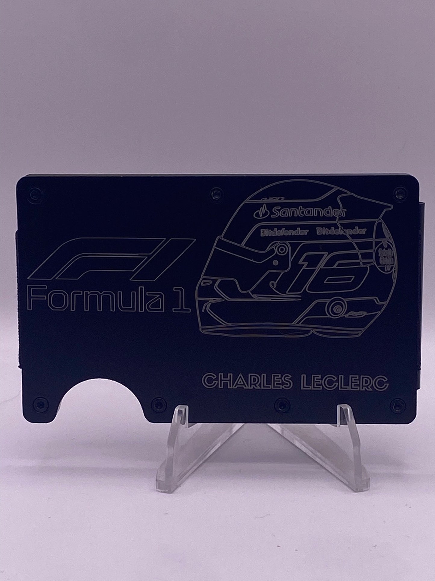 1/1 Ferrari-Inspired RFID Wallet – Charles Leclerc #16 Helmet Engraving (Black)