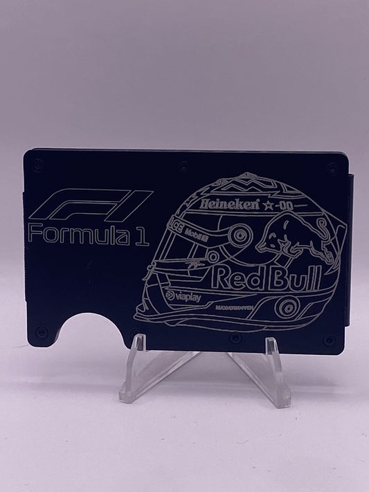 1/1 Max Verstappen Inspired RFID Blocking Metal Wallet – Black | Money Clip | Laser Engraved Helmet