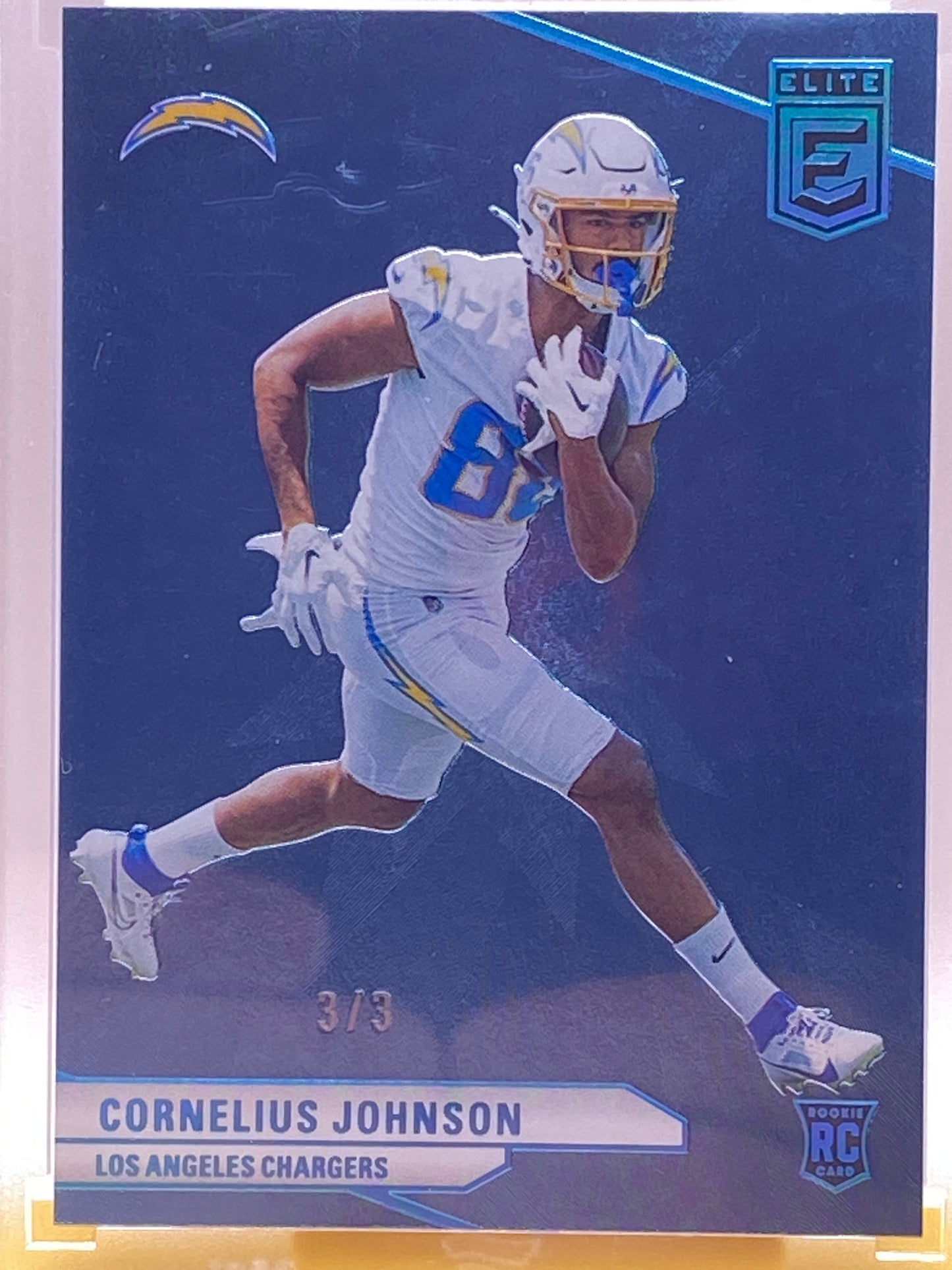 2024 Donruss Elite Cornelius Johnson RC /3 (3/3) – Chargers Rookie + Display Stand Included
