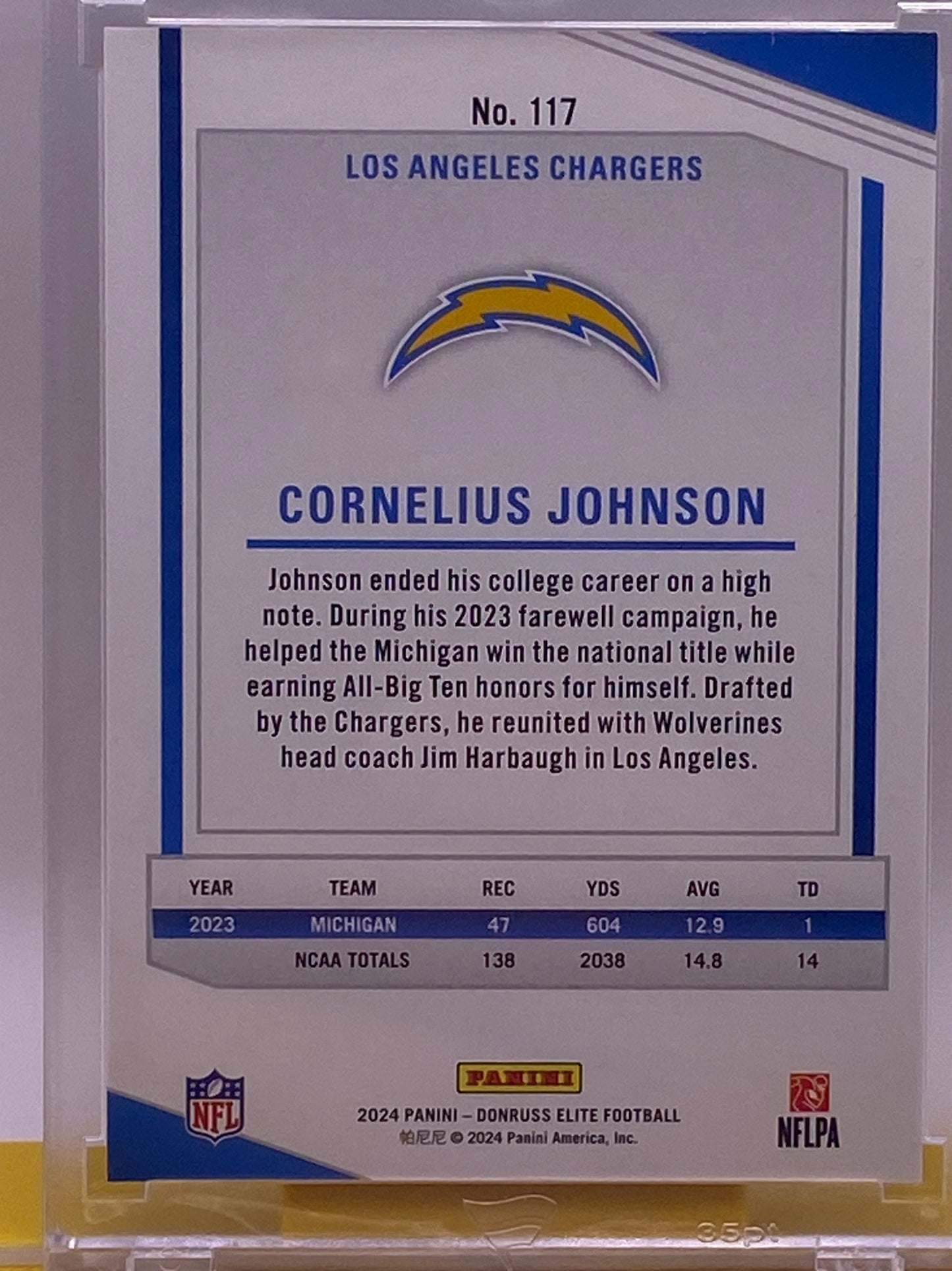 2024 Donruss Elite Cornelius Johnson RC /3 (3/3) – Chargers Rookie + Display Stand Included