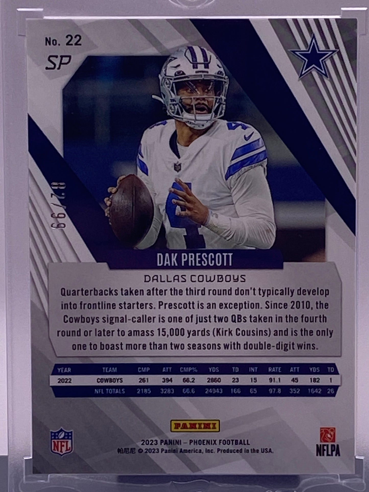 2023 Panini Phoenix Dak Prescott SP #22  62/99 – Dallas Cowboys QB – NFL Insert Card (Display-Ready)