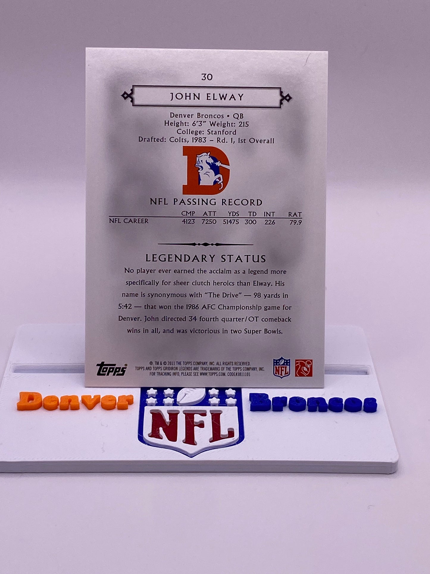 2011 Topps Gridiron Legends John Elway #30 Denver Broncos 69/75 Serial Numbered /75