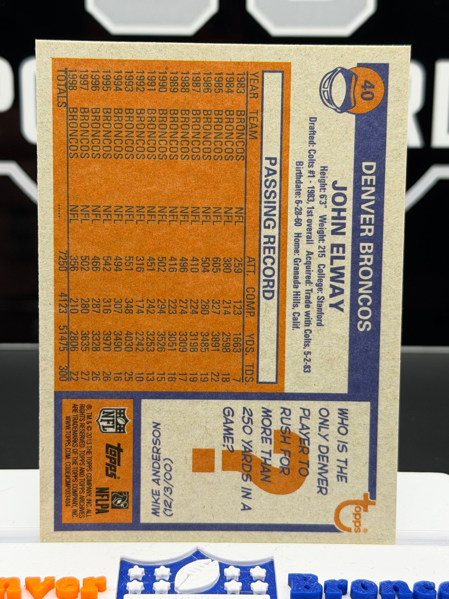 2013 Topps John Elway #40 Denver Broncos HOF Hall of Fame QB