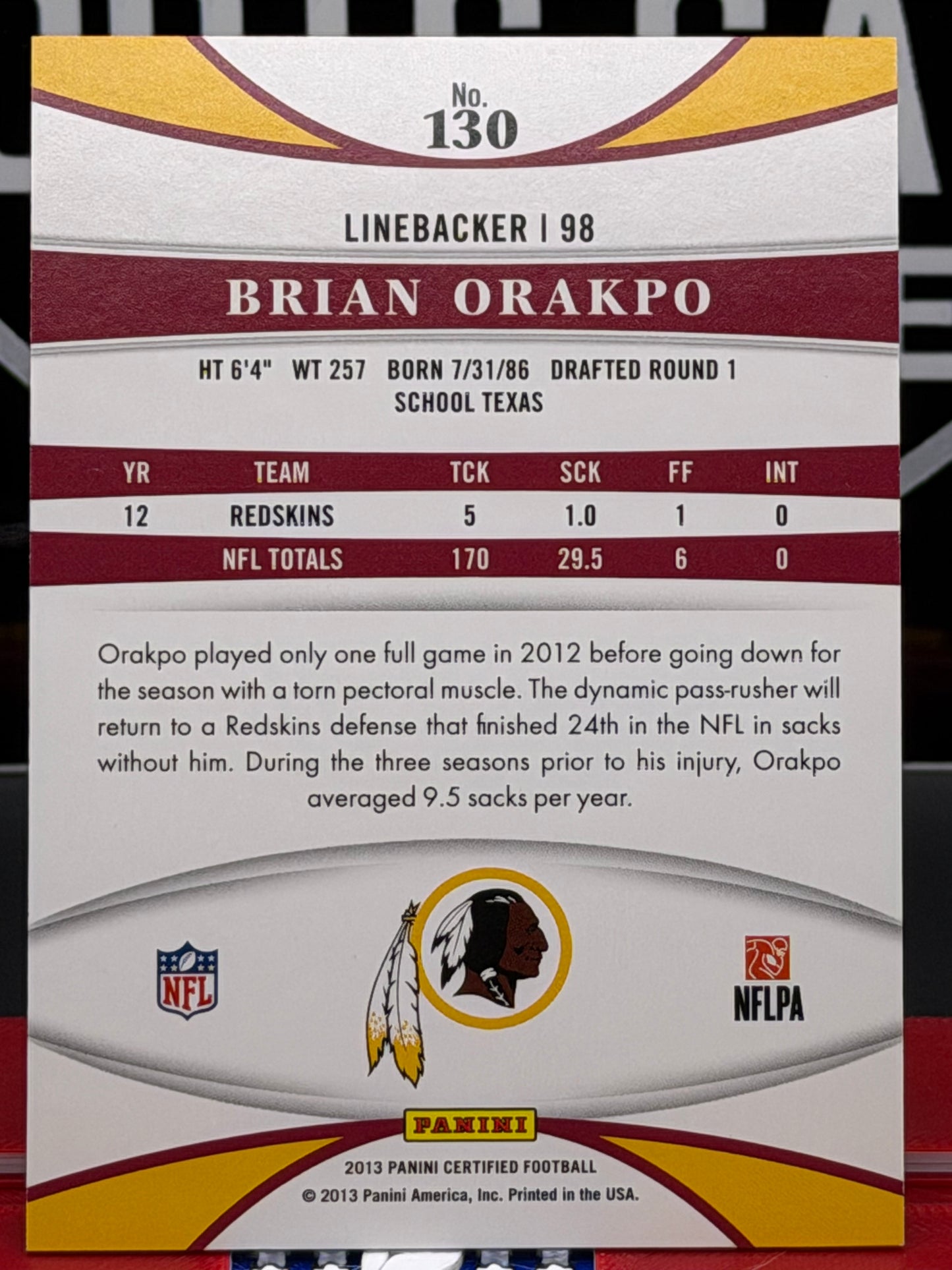 2013 Panini Certified Brian Orakpo Caution Gold 21/25 #130 Washington Redskins
