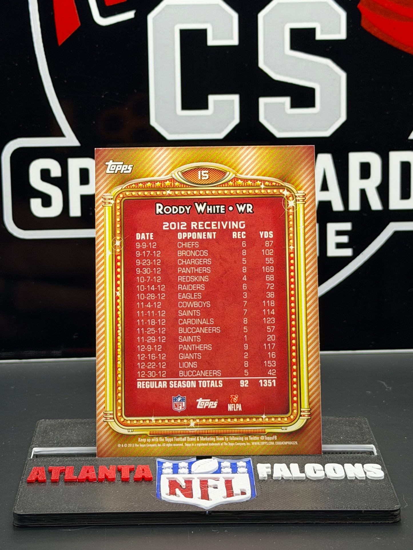 2013 Topps 1000 Yard Club Roddy White #15 Atlanta Falcons Insert 1351 Yds