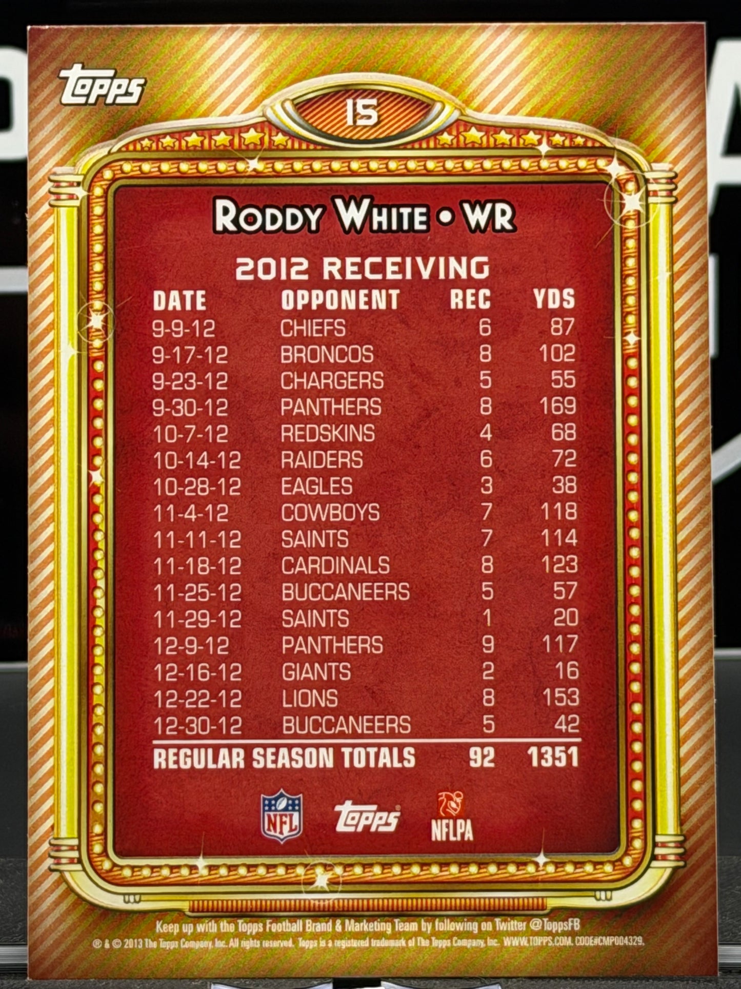 2013 Topps 1000 Yard Club Roddy White #15 Atlanta Falcons Insert 1351 Yds