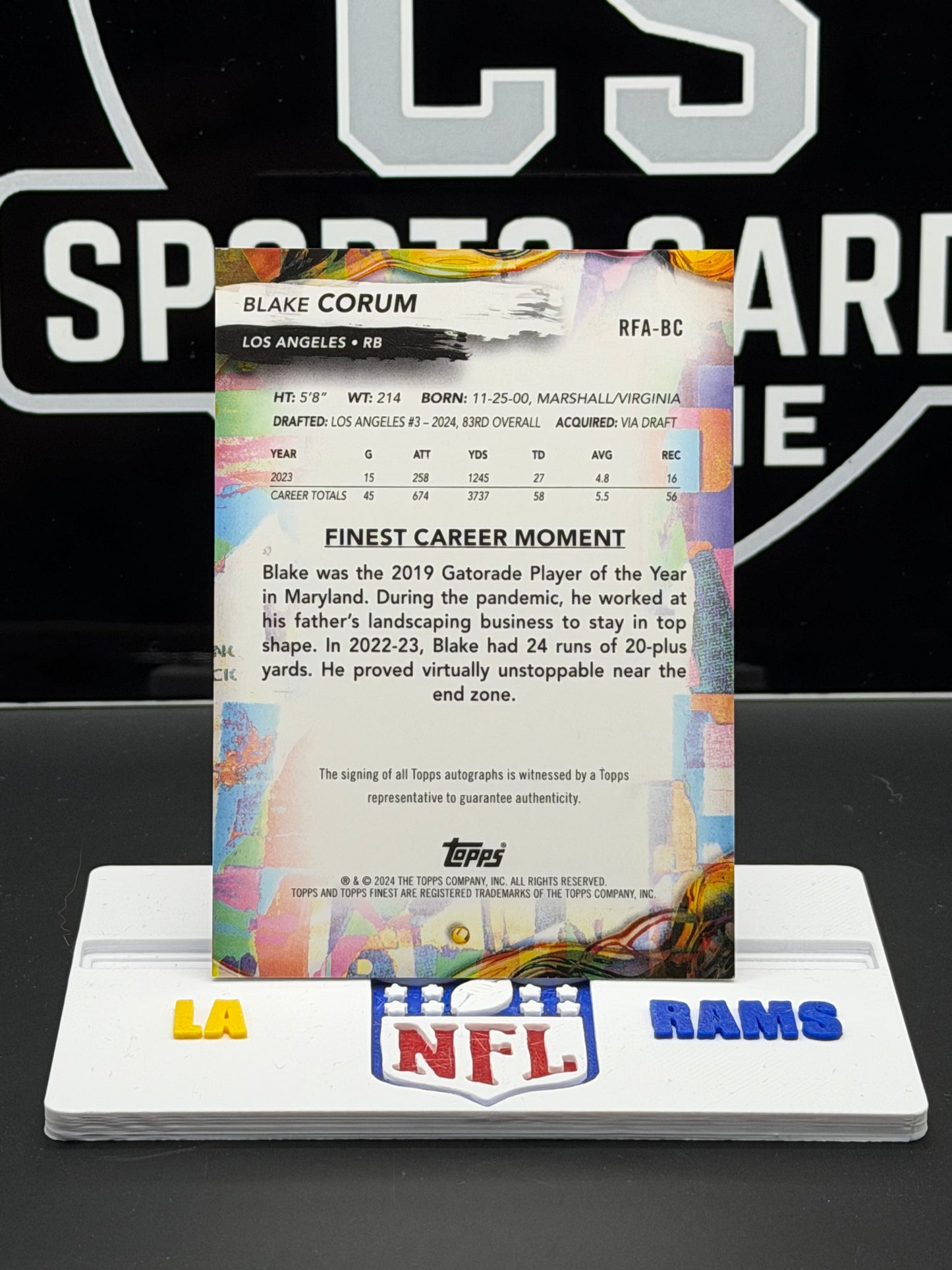 2024 Topps Finest Blake Corum RC Auto RFA-BC Rams Rookie Finest Autographs