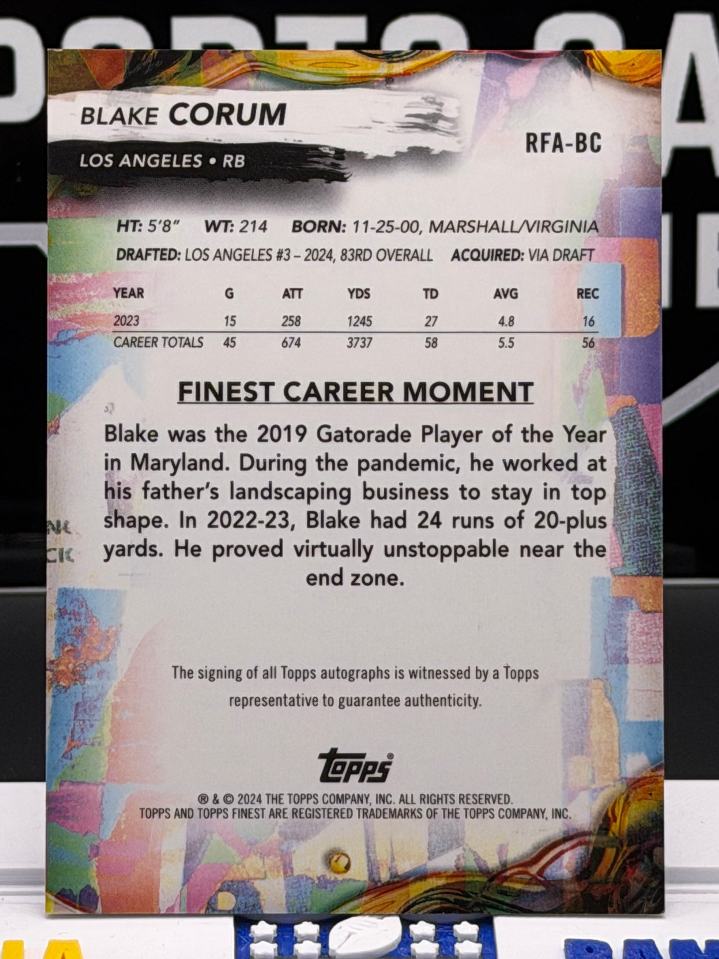 2024 Topps Finest Blake Corum RC Auto RFA-BC Rams Rookie Finest Autographs