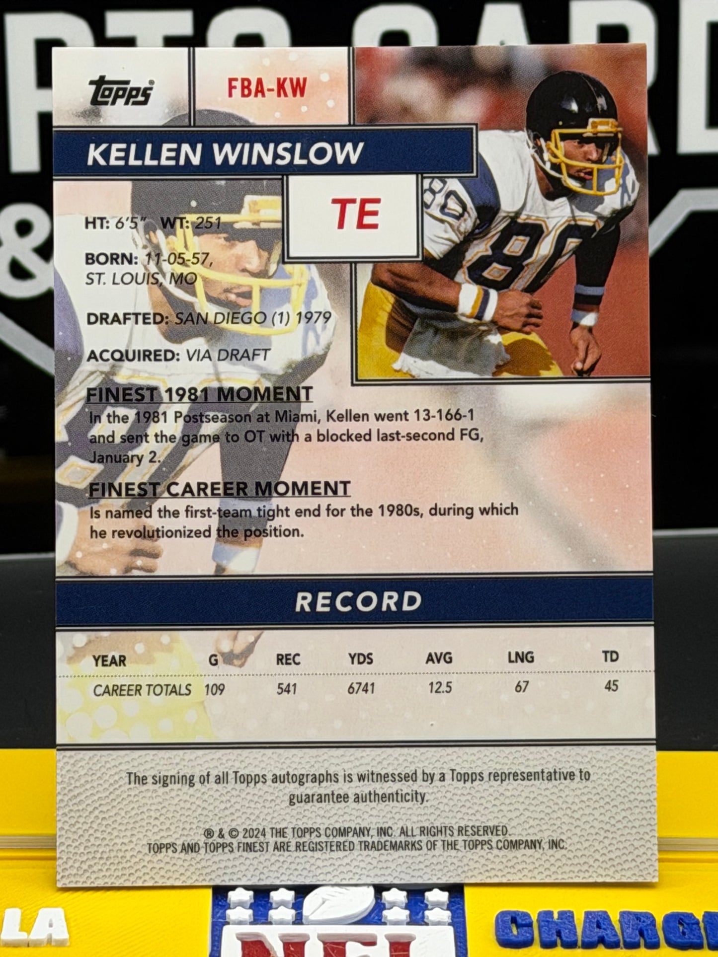 Kellen Winslow 2024 Topps Finest Autograph FBA-KW Serial 97/99 Chargers TE