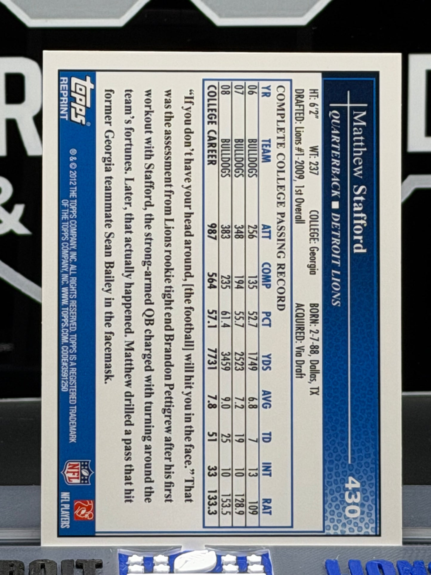 Matthew Stafford Rookie Reprint RC Detroit Lions Topps QB