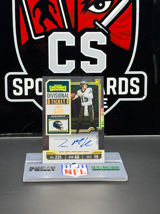 2023 Panini Contenders – Divisional Ticket Tanner McKee RC Auto /99 (#135) – Eagles – 10/99