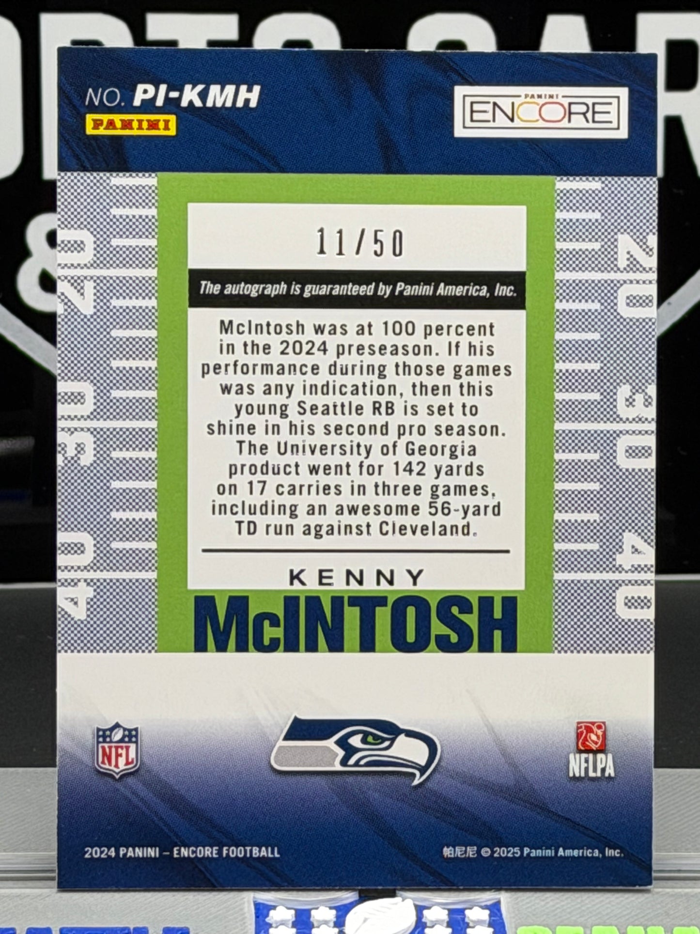 2024 Panini Encore Kenny McIntosh Pinnacle Inscriptions Auto /50 PI-KMH Seahawks 11/50